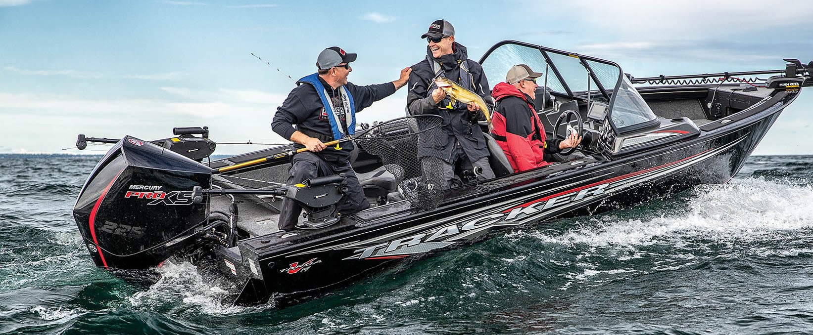 three guys walleye fishing tracker boat